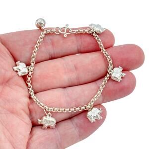 Vintage Sterling Silver 925 Elephant Charm Bracelet 7"